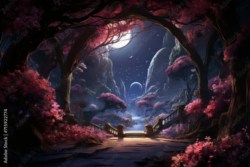 Fototapeta premium Tranquil moonlit gardens, blooming with exotic flowers and serenity under the moon's gentle gaze - Generative AI