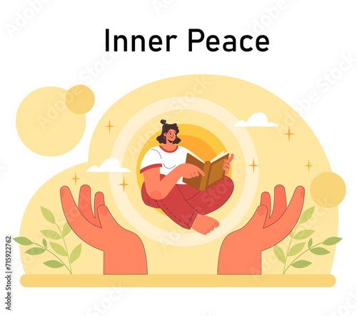 Positive psychology. Positive thinking and attitude. Optimistic mindset, self acceptance and well-being. Young woman working on her mental health. Flat vector illustration