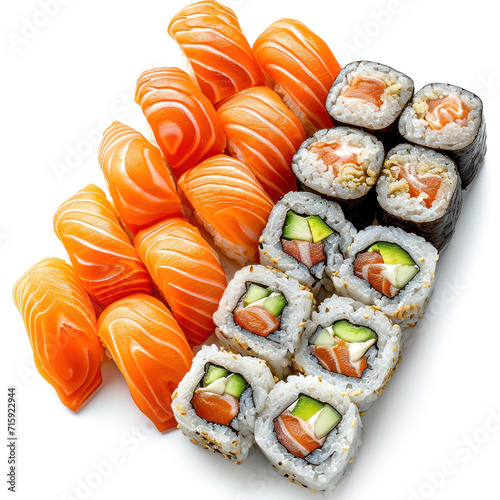 Nigiri sushi, maki, uramaki rolls with salmon. 