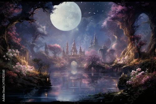 Tranquil moonlit gardens, blooming with exotic flowers and serenity under the moon's gentle gaze - Generative AI