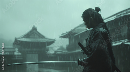 A skilled swordswoman, drenched in heavy rain, stands outside a compound, gripping her sword in preparation for battle.