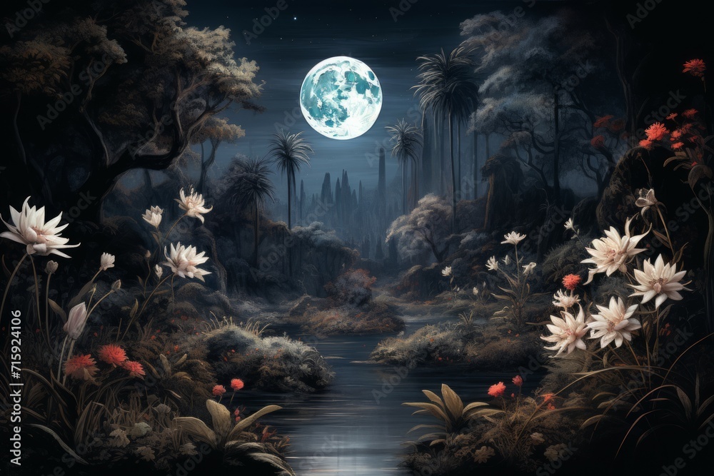Tranquil moonlit gardens, blooming with exotic flowers and serenity under the moon's gentle gaze - Generative AI Tranquil moonlit gardens, blooming with exotic flowers and serenity under the moon's gentle gaze - Generative AI