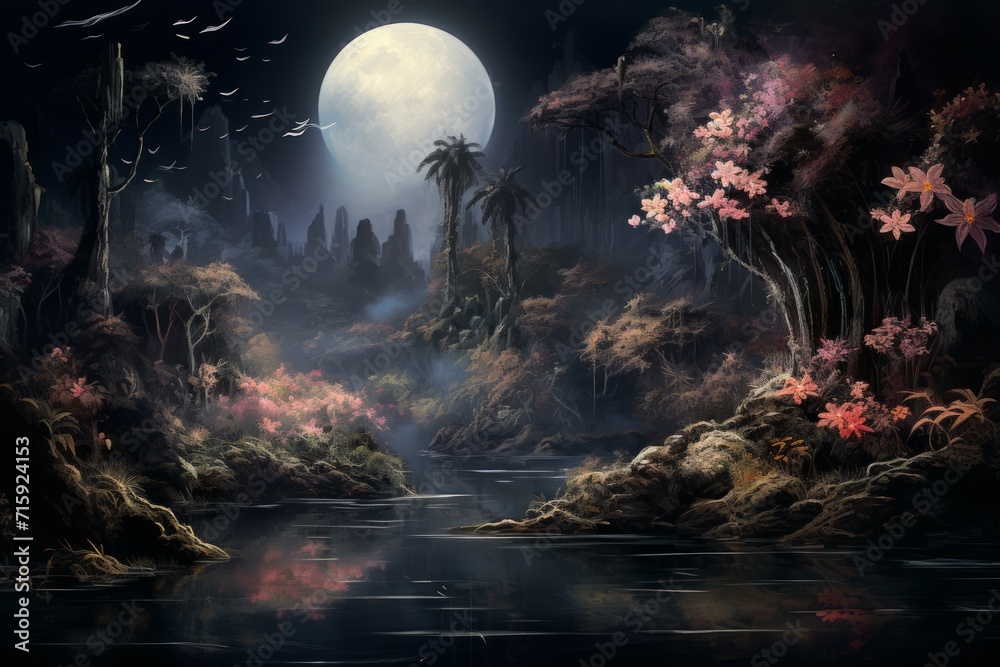 Fototapeta premium Tranquil moonlit gardens, blooming with exotic flowers and serenity under the moon's gentle gaze - Generative AI
