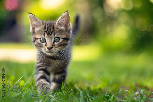 Small tabby kitten walking outdoors in summer, portrait on grass © Roman