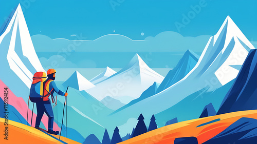 Illustration of mountains and climber climbing a mountain