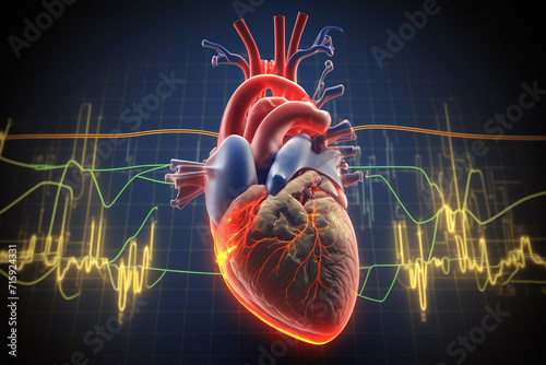 Anatomy of human heart on ecg medical background photo