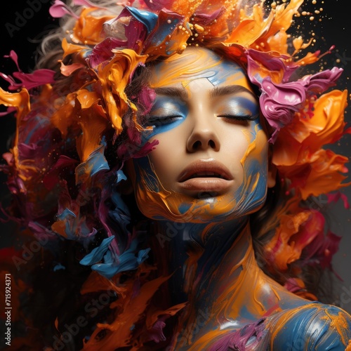 A closeup of beautiful glitch core female face is captured in a vibrantly surreal fashion photography style generative AI © Saim Art