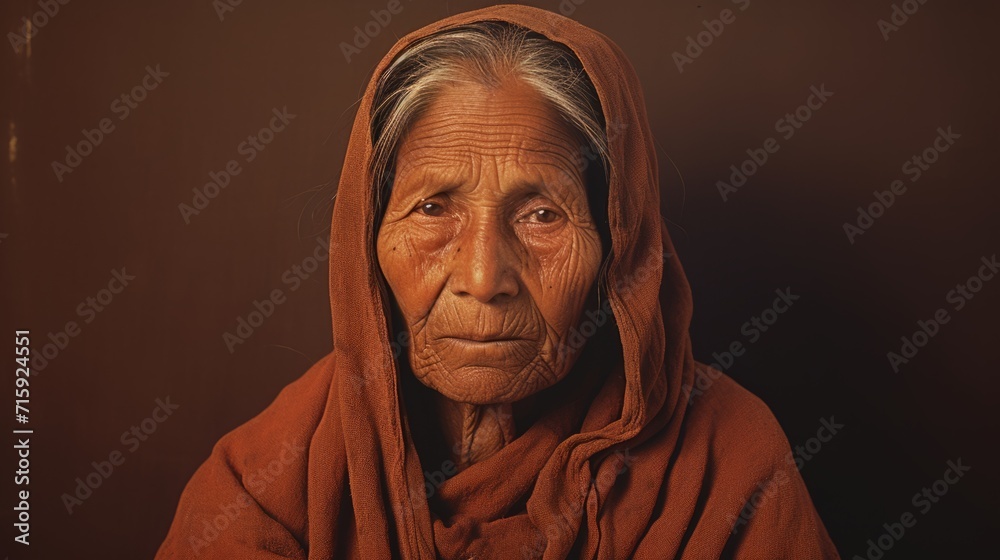 Photorealistic Old Indian Woman with Brown Straight Hair vintage Illustration. Portrait of a person in Great Depression era aesthetics. Historic movie style Ai Generated Horizontal Illustration.