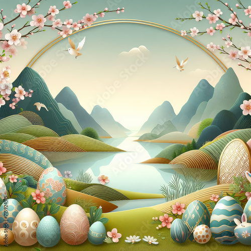 cute easter landscape with bunny and colored eggs in basket	 photo