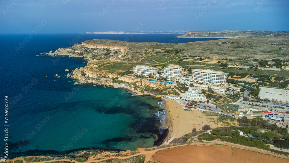 Aerial view near Radisson Blu Resort over Golden Bay in Mellieħa, Malta