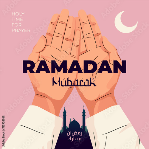 Islamic holy month Ramadan Kareem square banner. Muslim believer in arabic clothing hands palms folded in prayer. Eid Mubarak holiday greeting card. Islam celebration modern trendy art concept. Vector