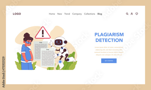 AI in education detecting plagiarism. A robot points out duplication in a student's essay, emphasizing academic honesty. Flat vector illustration.