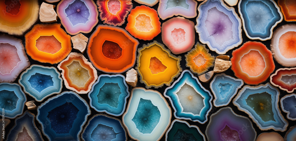Multicolored geodes and geometric shapes and crystals for wallpaper or