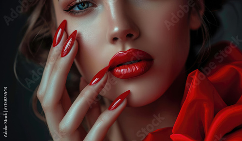 Manicure, woman with painted nails, art nails, red colours photo