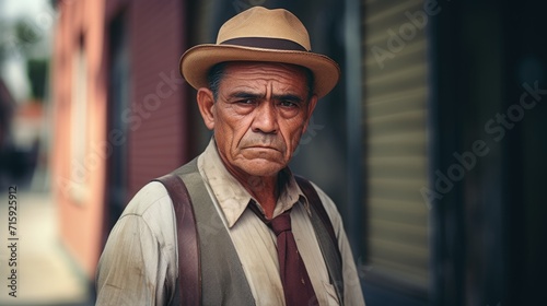 Photorealistic Old Latino Man with Red Straight Hair vintage Illustration. Portrait of a person in Great Depression era aesthetics. Historic movie style Ai Generated Horizontal Illustration. © Vector Juice