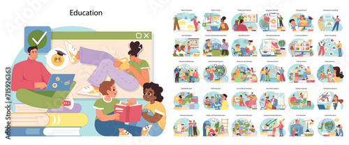 Comprehensive education set. People of various ages and races study. Wide array of educational scenes, from digital learning to traditional classrooms and cultural education. Flat vector illustration