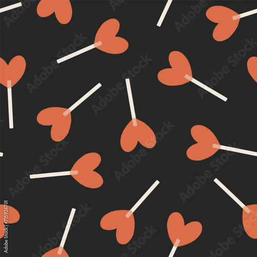 Vector seamless pattern with heart shaped lollipop. Lovely romantic endless background with sweets for Valentines day, holiday design, wallpaper, fabric. Hand drawn adorable pattern in flat style