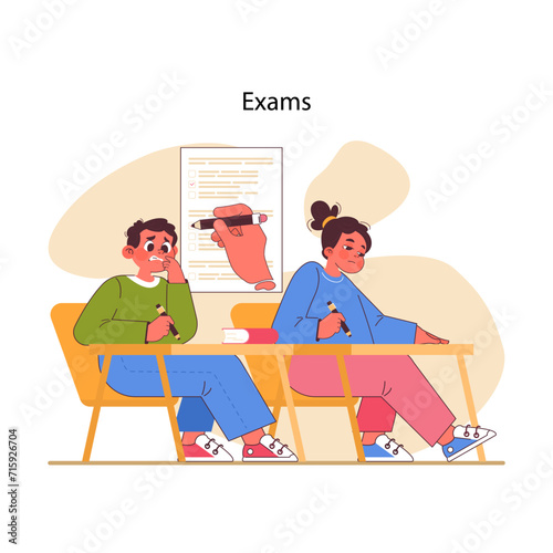 Educational stress concept. Students experience contrasting emotions during exams, with anxiety and confidence. Spectrum of academic pressure, eager to perform well. Flat vector illustration