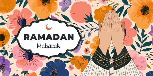 Islamic holy month Ramadan Kareem horizontal banner. Muslim believer in arabic clothing hands palms folded in prayer on floral pattern. Eid Mubarak holiday greeting card. Islam celebration art concept