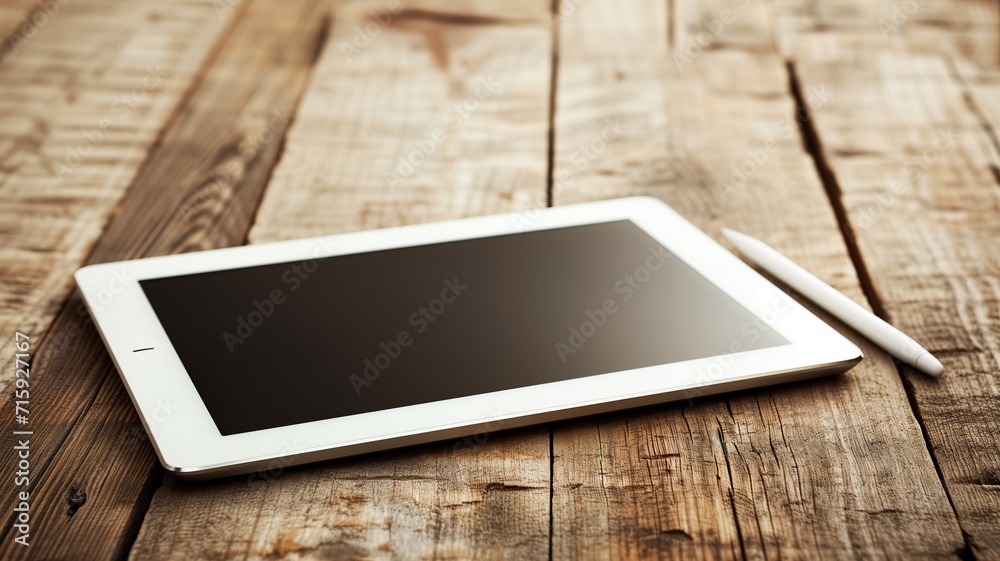 Modern Tablet with Stylus on Rustic Wooden Table. Copy space Modern Tablet with Stylus on Rustic Wooden Table. Copy space