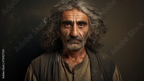 Photorealistic Old Persian Man with Brown Curly Hair vintage Illustration. Portrait of a person in Great Depression era aesthetics. Historic movie style Ai Generated Horizontal Illustration.