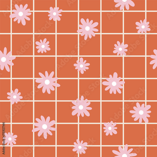 Vector seamless pattern with grid and flowers. Lovely romantic endless background with cute florals and grid for Valentines day, holiday design, wallpaper, fabric. Hand drawn pattern in flat style