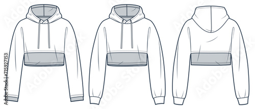 Crop Hoodie technical fashion illustration. Sweatshirt fashion flat technical drawing template, hood, relaxed fit, front and back view, whit and grey, women, men, unisex Top CAD mockup set.