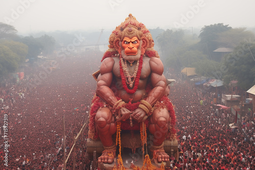 a giant image of Hanuman Jayanti in a mass procession of the crowd on the festival photo