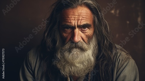 Photorealistic Old Persian Man with Brown Straight Hair vintage Illustration. Portrait of a person in Great Depression era aesthetics. Historic movie style Ai Generated Horizontal Illustration.