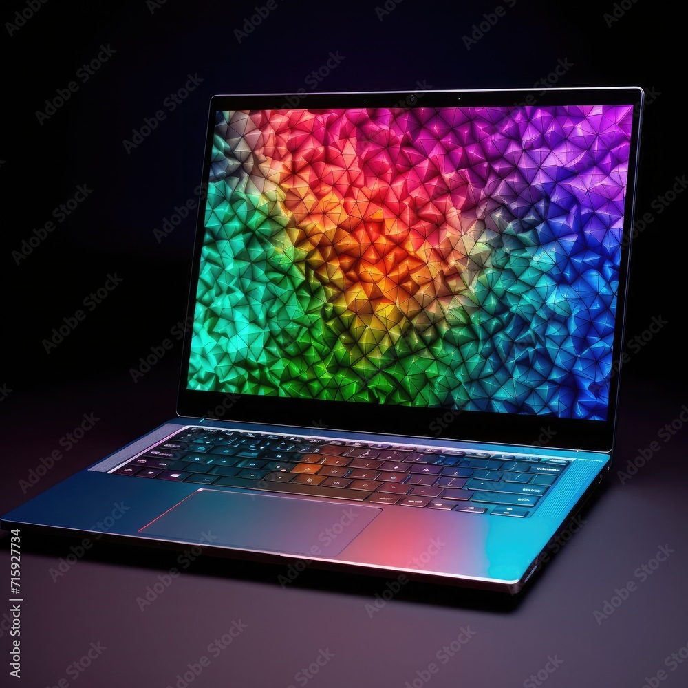Translucent laptop on a dark background, gradient transition of the color spectrum, pointillism Translucent laptop on a dark background, gradient transition of the color spectrum, pointillism