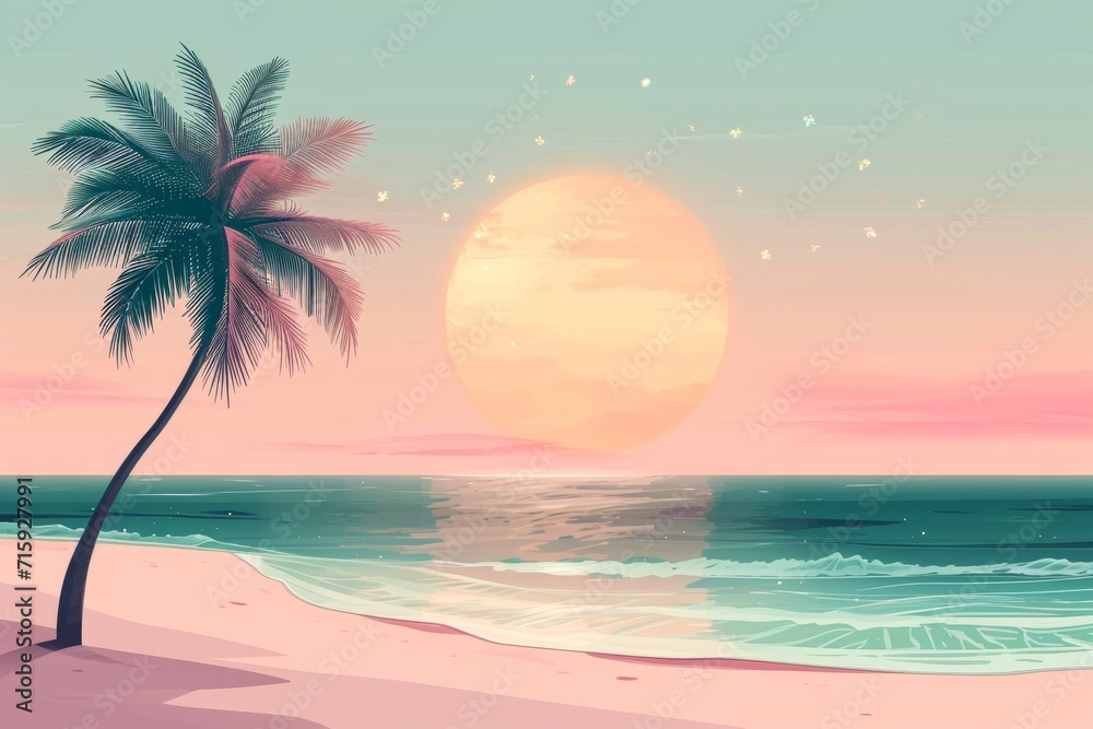 ocean and beach with sunrise in the background, in the style of pop inspo,