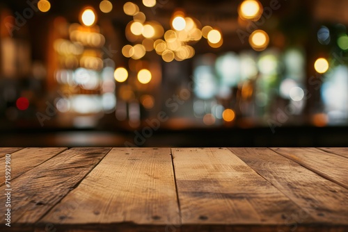 Wooden table with blurred background of restaurant or cafe with bokeh