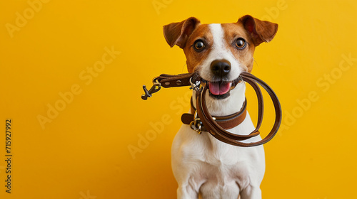 Cute Dog Jack Russell terrier holding pet leash in mouth ready to go for walk on color yellow background with copy space. Traveling with pets concept, pets love, animal life, humor. Ready to travel. photo
