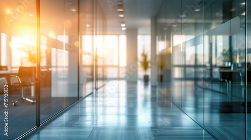 The golden hour light casts a warm glow in a modern office corridor with reflective floors.