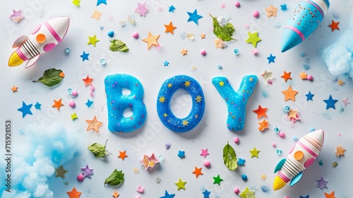 The word boy spelled in doughnuts surrounded by colorful stars