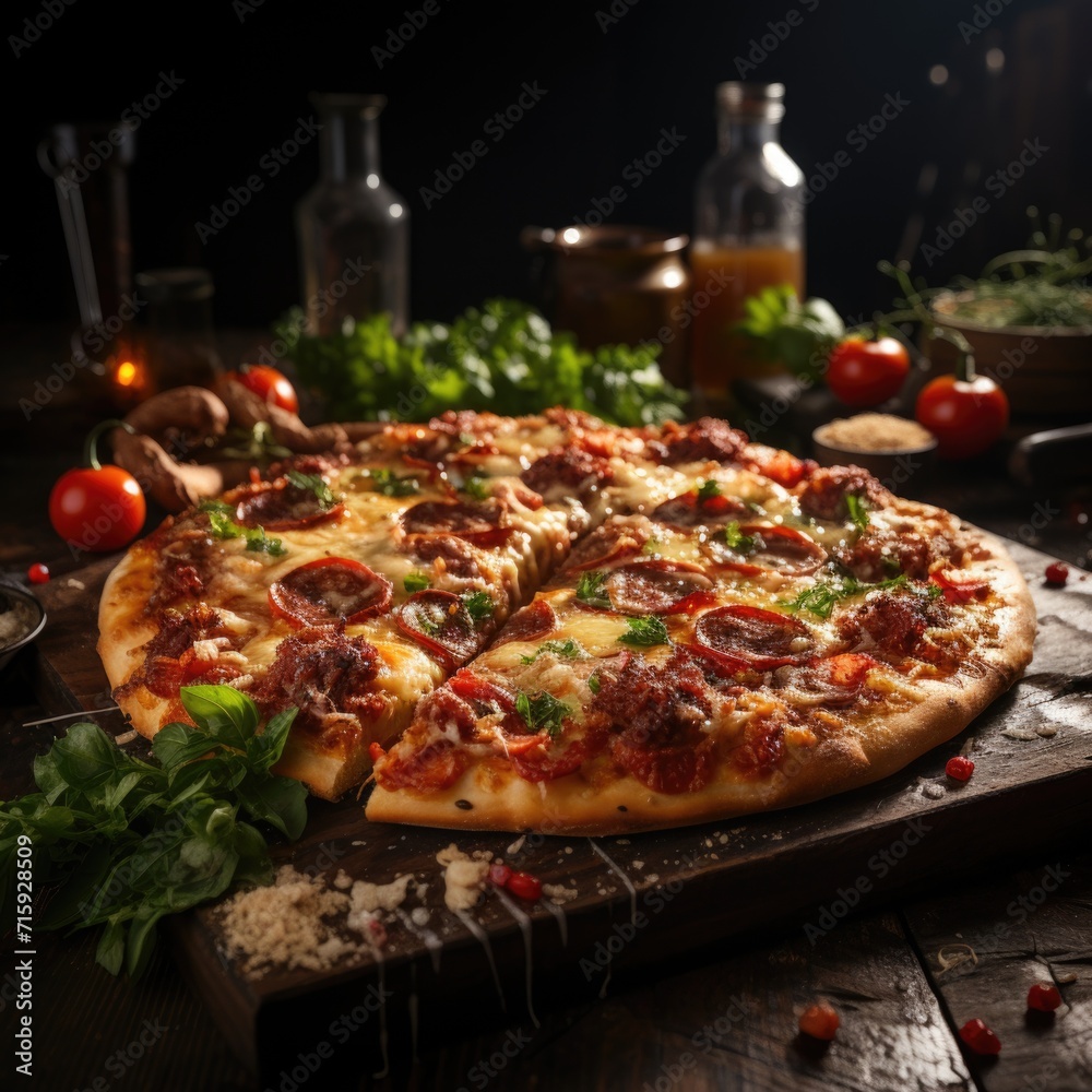 Night view image featuring delicious large pizza on wooden table generative AI Night view image featuring delicious large pizza on wooden table generative AI