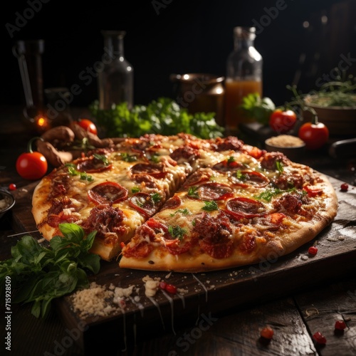 Night view image featuring delicious large pizza on wooden table generative AI