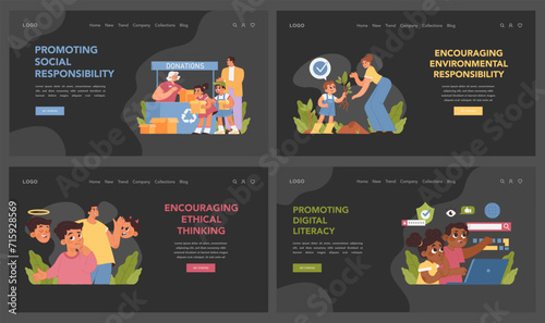 Child development concept set. Kids learning about charity, environmental care, and moral choices, nurturing social consciousness. Parental support and wisdom in education. Flat vector illustration