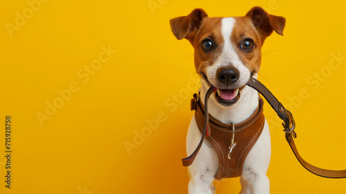 Cute Dog Jack Russell terrier holding pet leash in mouth ready to go for walk on color yellow background with copy space. Traveling with pets concept, pets love, animal life, humor. Ready to travel.