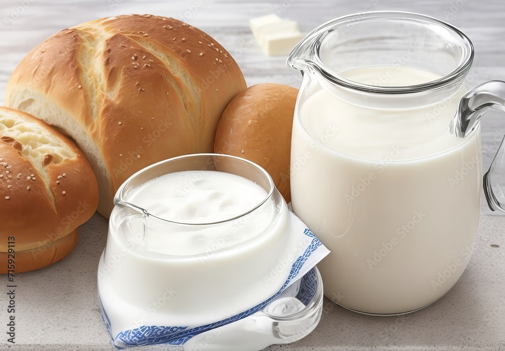 Bread and bagels with a jug of milk Bread and bagels with a jug of milk