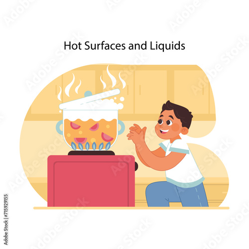 Burn prevention guide. Smiling surprised little boy ready to touch pot of boiling water, unaware of danger. Kitchen safety for kids. Protecting children from injuries. Flat vector illustration