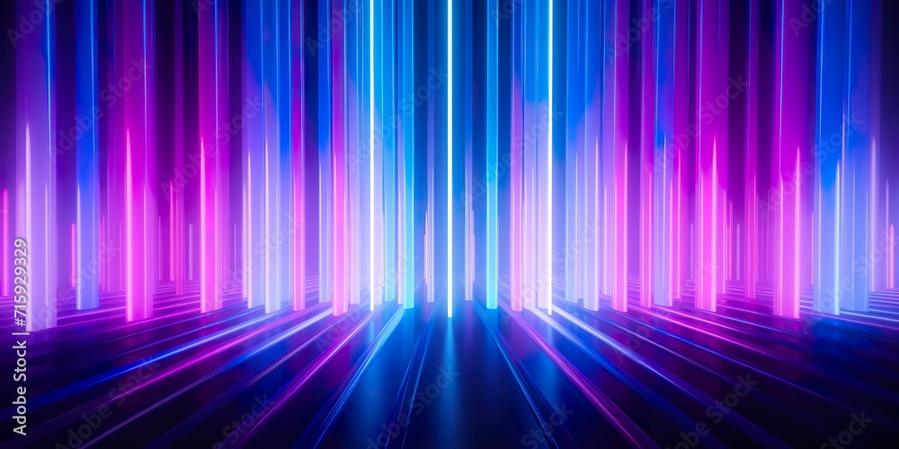 3d render, abstract minimal background, vertical pink blue neon lines, glowing in ultraviolet spectrum. Cyber space. Laser show. Futuristic wallpaper