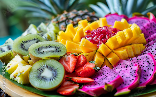 um paraíso tropical com a imagem de um prato de frutas exóticas, com uma variedade de frutas coloridas como pitaia, kiwi e ervas de abacaxi, photo