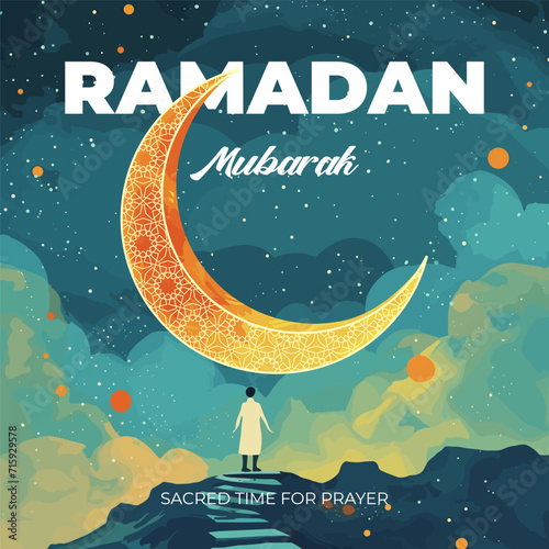 Islamic holy month Ramadan Kareem square banner. Muslim believer prays on mountain with stairs under golden crescent. Eid Mubarak holiday greeting card. Islam celebration modern trendy art eps concept