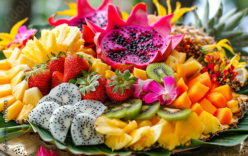 um paraíso tropical com a imagem de um prato de frutas exóticas, com uma variedade de frutas coloridas como pitaia, kiwi e ervas de abacaxi,