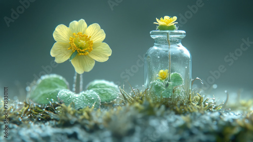 A single flower preserved in a small glass container, surrounded by moss.