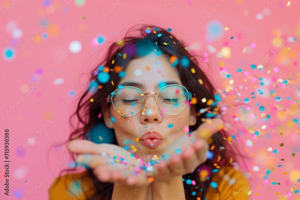 Vibrant Woman Blowing Glitter Confetti on Pink Background Vibrant Woman Blowing Glitter Confetti on Pink Background