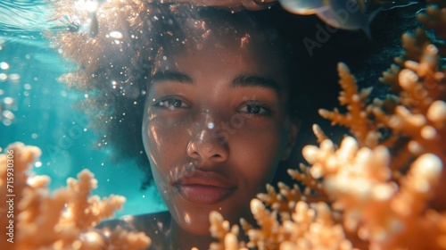 Close-up portrait of a radiant black woman scuba diving under the crystalline sea water amidst vibrant corals and colorful fishes © Marina
