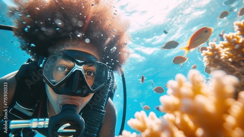 Close-up portrait of a radiant black woman scuba diving under the crystalline sea water amidst vibrant corals and colorful fishes photo