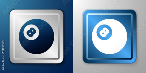 White Billiard pool snooker ball with number 8 icon isolated on blue and grey background. Silver and blue square button. Vector